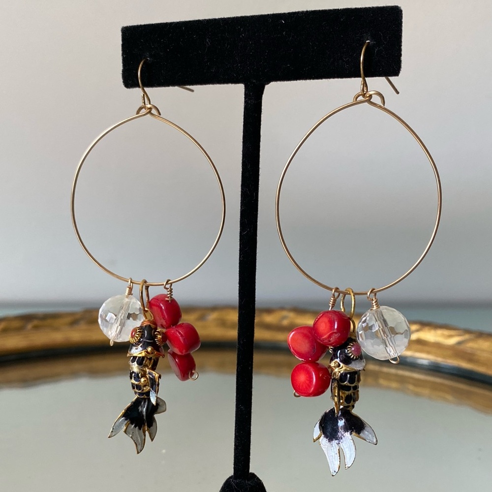 Cloisonné Fish, Coral and Faceted Clear Quartz Hoop Earrings